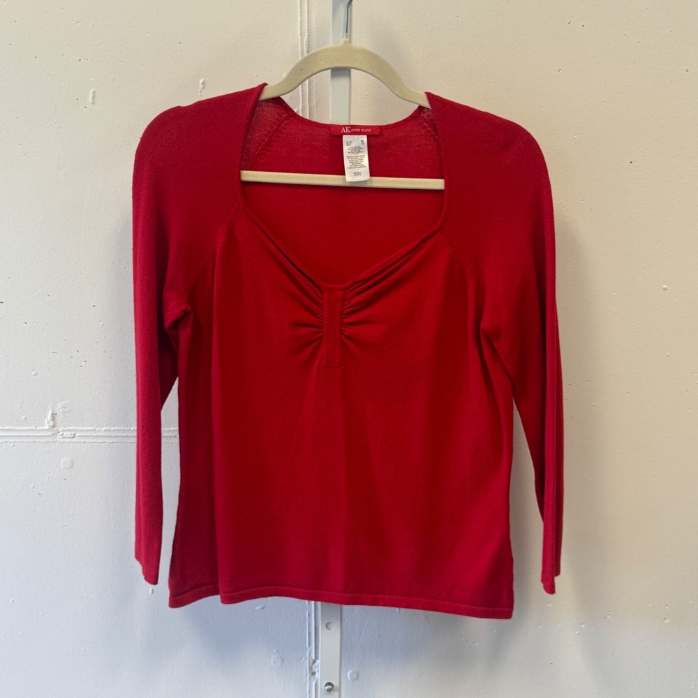 Y2K Anne Klein AK Red Sweetheart Neck Ruched Knit Top Long Sleeve Sweater Medium